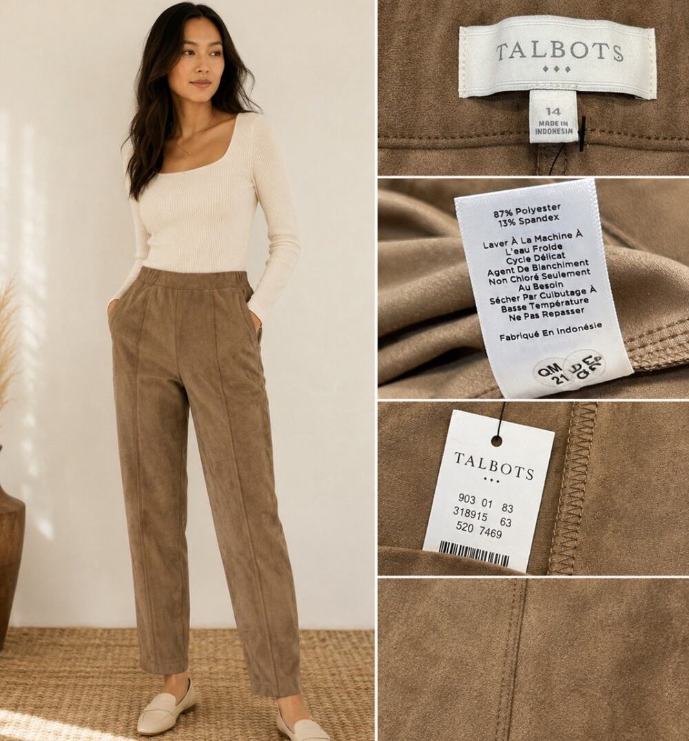 NWT Preppy Office Talbots Women's Tapered Pull-On Pants Size 14 Faux Suede Taupe